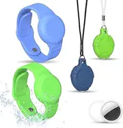 4 Pack Compatible for AirTag Bracelet & Airtag Necklace for Kids, Soft Silicone Waterproof Air tag Wristband Hidden Airtag Holder for Toddler Childs (Blue+Green)