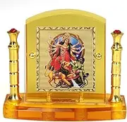 24 Carat Gold Plated Foil on Solid 5MM Thick Acrylic Base Durga Kolkata Pose God Idol for Car Dashboard with Golden Frame with Pillar ( GFWP-DurgaKolkataPose )