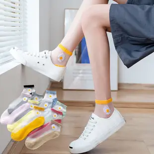 襪子 女襪 夏季薄款玻璃絲襪 小雛菊水晶絲襪 淺口透明卡絲短襪