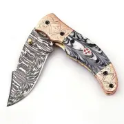 Damascus steel Folding Pocket Knife Lot 2 Brass and Risen Wood Handle Sheath