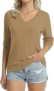 [QUALFORT] Women's 100% Cotton V Neck Sweater Long Sleeve Midweight Knit Pullover Sweaters