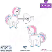 925 Kids Earrings Unicorn Pony Sterling Silver Enamel Stud Children Girls + Box