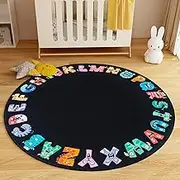 ABC Alphabet Rug for Kids,5ft Non-Slip Circle Rugs for Babies and Infants,Classroom Animal Rugs for Elementary Classroom,Play Rug for Boys Girls Bedrooms Playroom,Cute Nursery Rug-Black