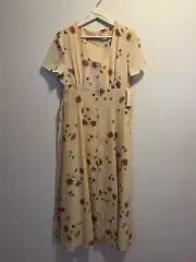 Vintage CROSSROADS Size 10 Midi Dress Button Up Fit And Flare Beige Summer Dress