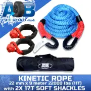 Kinetic Rope 22mm x 9m 11T BLUE Recovery Dyneema Tow Winch + 2x 17T Soft Shac...
