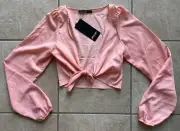 Nasty Gal Floaty Tie Front Cropped Blouse Sheer Top --Pink--US 0-- NWT