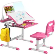 Giantex Kids Desk and Chair Set Height Adjustable Kids Study Table Set w/LED Light & Tilted Tabletop Children Desk Pink