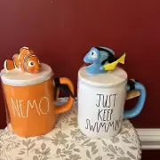 Rae Dunn DORY & NEMO Disney "JUST KEEP SWIMMING" Pixar Mugs W/ Topper-Set of 2