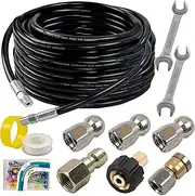 Hourleey Sewer Jetter Kit for Pressure Washer 50FT, Drain Cleaner Hose 1/4 Inch NPT, Orifice 4.0 Button Nose and Rotating Sewer Jetting Nozzle Spanner Tape Pearl Corsage Pin, 4000 PSI
