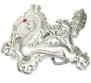 Vintage Fire Breathing Dragon Chrome Estate Belt Buckle with Red Rhinestone Eye