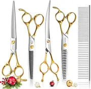 Professional 7.5" Dog Grooming Scissors Kit 4pcs, JP 440C Stainless Steel Curved Blender Straight Chunker Shears for Dog Cat and Pets (7.5 in Kit, Gold)