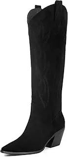 [iiimmu] Cowgirl Boots Women Knee High Boots Pointed Toe and Block Heel Cowboy Suede Boots with Embroidered