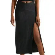 By Anthropologie XL Black Ribbed Knit Midi Skirt Women Split Side Pull On Pencil