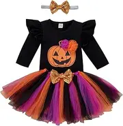 [OBEEII] 0-12M Newborn Baby Girls Halloween Outfit Long Sleeve Ghost Pumpkin Romper Princess Tutu Skirt Sequin Headband 3pcs Set