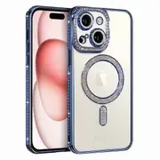 For Apple iPhone 15 Case, MagSafe Magnetic Diamond Rhinestone Glitter Cute Crystal Bling Full Camera Lens Protector Shockproof Cover – Blue