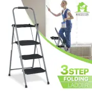 Folding Heavy Duty 3 Step Ladder[TOOL TRAY] w/Safety Buckle Lock+Anti-Slip Pedal