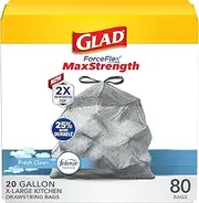 Glad Large Kitchen Drawstring Trash Bags - ForceFlex Kitchen Pro 20 Gallon Black Trash Bag, Febreze Fresh Clean - 80 Count