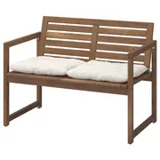 NÄMMARÖ bench with backrest and cushions, light brown stained/Kuddarna light grey-beige