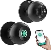 GHome Smart Fingerprint Door Lock, Door Knob with App Smart Lock for Bedroom Door, Keyless Entry, Type-C Port Emergency Charging, Biometric Lock Great for Room, Garage, Office, Apartment (Matt Black)