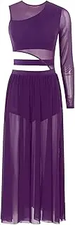 [Manyakai] Women Modern Lyrical Dance Dress Cutout Patchwork Side Split Mesh Dress Ballet Dance Practice