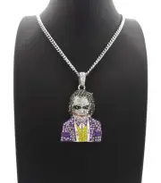 HIP HOP ICED SILVER PLATED JOKER PENDANT & 24" BOX, CUBAN CHAIN NECKLACE