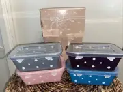 TEMP-TATIONS by Tara Mini 4 Ceramic Loaf Pans Multi-color Polka Dots w Lids~NIB