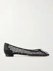 [Manolo Blahnik] Manolo Blahnik - Hangisiflat Satin-trimmed Crystal-embellished Flocked Mesh Point-toe Ballet Flats - Black - IT40 IT 40 Black