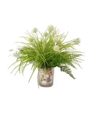 Creative Displays Fern & White Thistle Arranged in a Shelled Filled Glass Vase