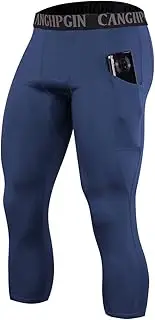 [SS COLOR FISH] Men 3/4 Compression Pants with Pockets Athletic Baselayer Workout Legging Running Tights for Men