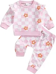 [MAHUAOYIXI] Toddler Newborn Baby Girl Fall Winter Outfit Clothes 0-3 Years Long Sleeve Sweatshirt Pullover Checkerboard Flower Print + Elastic Pants With Pockets Trousers Tracksuit Sets