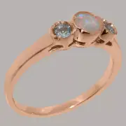 Solid 18k Rose Gold Natural Opal & Aquamarine Womens Trilogy Ring
