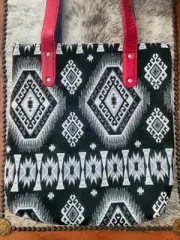 Tapestry and Leather Tote Bag Black & White Graphic! NEW