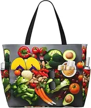 [Ghjkfbf] Healthy Food Print Large Capacity Beach Travel Bag For Family, Beach Tote Bag For Women With Zipper Pockets, Black, One Size