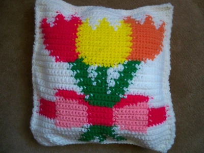 Vintage Hand Made Crochet SPRING TULIP Decor Flower Pillow