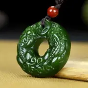 Natural Green jade sculpture PI XIU RING pendant+Necklace Stainless Amulet Cross