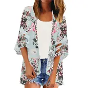 Women's Lace Puff Sleeve Kimono Cardigan Loose Cover Up Casual Blouse Tops Beach Cover Up - Light Green with Flower