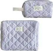 2 Pcs Cotton Quilted Makeup Bag Set,Makeup Brushes Storage Bag,Fashion Sweet Organizer, Cute Travel Toiletry Bag,Women Checkered Design (24cm+16cm)