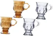 iplusmile 4Pcs Vintage Embossed Glass Goblets with Handle Elegant High Stem Coffee and Dessert Glasses for Home and Restaurant Use for Whiskey Milk Tea Ice and More
