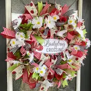 Ladybug Crossing Daisy Floral Spring Summer Deco Mesh Front Door Wreath Decor