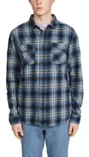 RVCA Men's Hostile Plaid Button-Up Flannel, Blue , Size Small