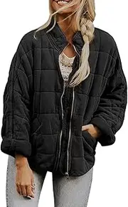 [EdNey] Women's Stand Collar Quilted Zip Puffer Winter Jackets Baggy Short Padded Packable Warm Outwear with Pockets, Black, Small