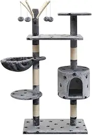 Cat Scratching Post with House, Cat Tower with Sisal Scratching Posts, All-Season Cat Tree with Hammock Toy for Indoor Large Cats, Kittens, 96 x 35 x 125 cm, Grey