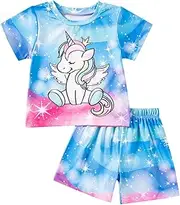 [JiAmy] Girls Clothing Sets Tie Dye Printed Short Sleeve Tops + Shorts Kids Summer T-shirt Toddler girl Outfit, Blue, 3-4 Years