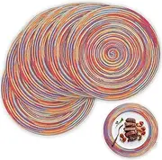 Placemats, 15" Braided Rainbow Round Placemats Heat-Insulating Woven Placemats Set of 6 Washable Cloth Non-Slip Place Mats for Kitchen Dining Table Decor-