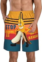 [SolAzul] Stop Staring at My Cock Men's Swimming Trunks Funny Beach Board Shorts with Mesh Lining and Pockets Quick Dry