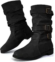Dernolsea Women's Flat Mid Calf Boots, Pull On Buckle Ladies Pixie Slouch Boots