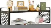 2-Tier White Painted Metal Frame Desk Shelf Organizer with Expandable Teak Desk Shelves for Office Supplies and Books Free Style Versatile Bookcase Holder