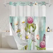 No Hook Teal Daisy Shower Curtain with Snap in Fabric Liner Set, Rustic Farmh...