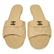 Chanel REV Beige Turnlock Quilted Gold CC Logo Mules Slide Sandal Flop Flat 39.5