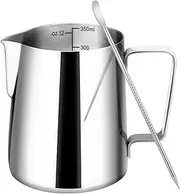 [Amrules] Milk Frothing Pitcher, 12oz Milk Frother Cup with Clear Scale, 304 Stainless Steel Cappuccino Espresso Machine Accessories for Barista Coffee Bar with Latte Art Pen, Silver